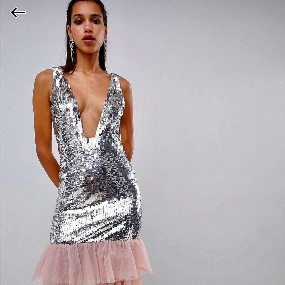 DESIGN Embellished Sequin Plunge Midi Dress with Tulle Pephem